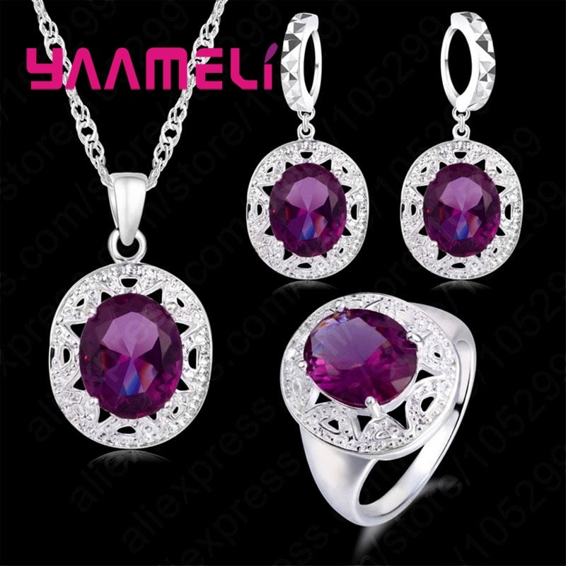 Jewelry Sets 925 Sterling Silver Purple Cubic Zircon Necklace/Earring/Ring