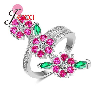 Noval Romantic Colorful Cubic Zirconia Flowers 925 Sterling Silver Finger Rings for Women Girls Wedding Jewelry