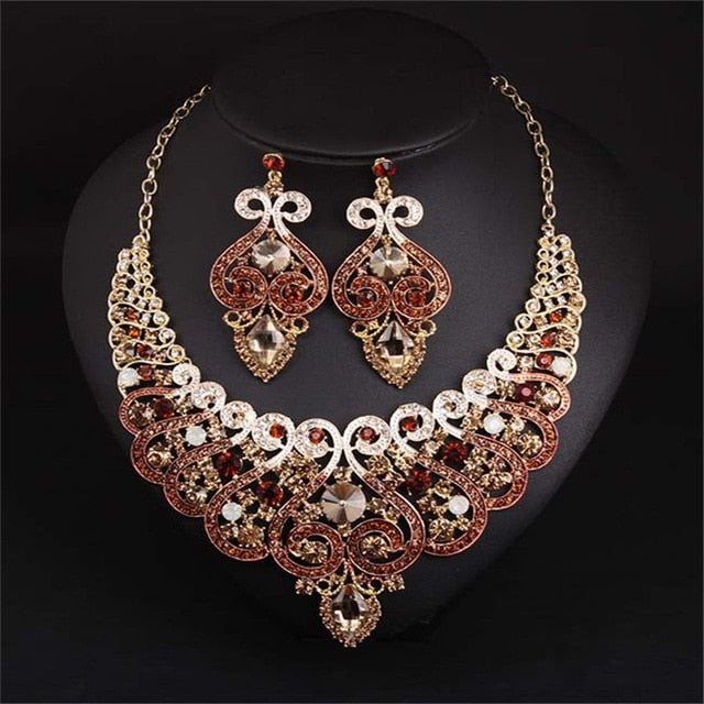 Vintage Rhinestone Bridal Necklace Jewelry Charm Heart Necklace&Earrings Wedding Jewelry Set For Bride Women Crystal Jewelry