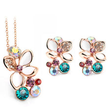 Fashion Multi Color Flower Crystal Rhinestone Gold Color Pendant Necklace/Earring/Ring Bridal Jewelry Set For Women Wedding