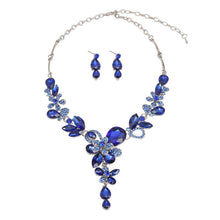 Luxury Big Blue Water Drop Flower Crystal Bridal Jewelry Sets Women Statement Gold Color Necklace Earrings Set For Wedding