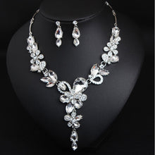 Luxury Big Blue Water Drop Flower Crystal Bridal Jewelry Sets Women Statement Gold Color Necklace Earrings Set For Wedding