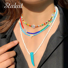 3 PCS OFF 10% Bohemian Colorful Seed Beads Necklace Long Horn Pendant Starfish Multi-layer Pearl Necklace Set For Women Jewelry