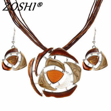ZOSHI Fashion Crystal Jewelry Sets Leather Rope Chain Pendant Necklace Drop Earrings Wedding Bridal Jewelry Sets Women Boho Gift