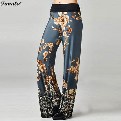 FANALA Pants Women Trousers 2018 Slacks Floral Print Full Length Wide Leg Pants Elastic High Waist Drawstring Lace Up Vadim