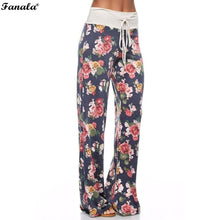 FANALA Pants Women Trousers 2018 Slacks Floral Print Full Length Wide Leg Pants Elastic High Waist Drawstring Lace Up Vadim