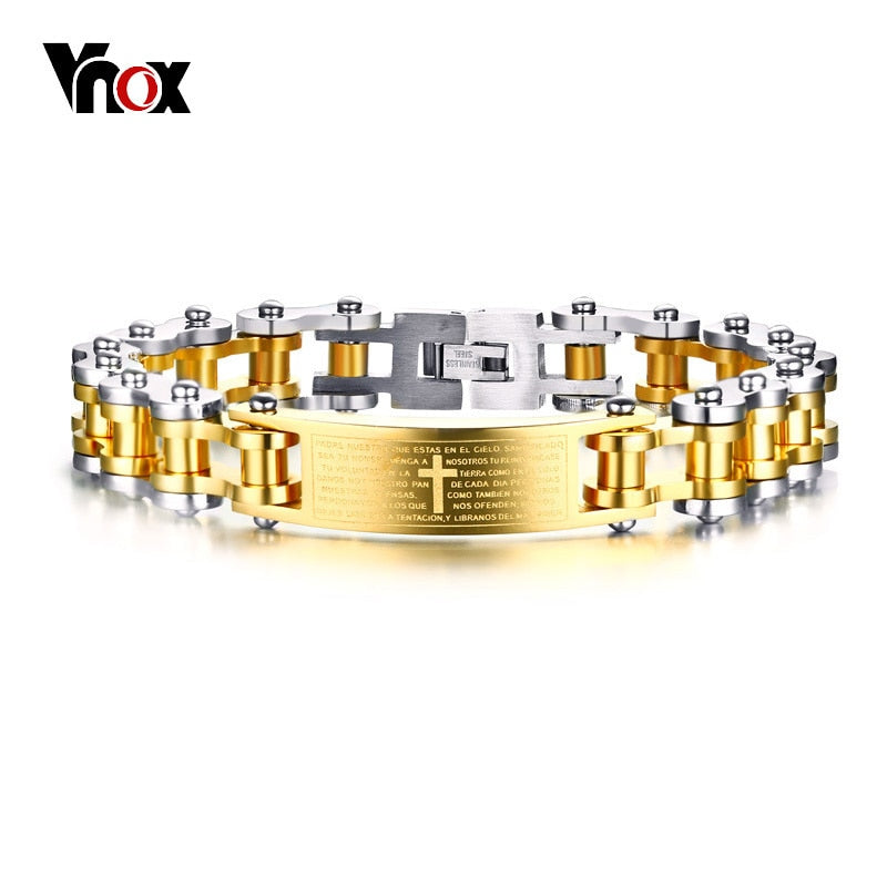 Vnox Punk Biker Chain Stainless Steel Bracelet For Men Bangle Engraved Cross Bible Religion Christ Prayer Male Jewelry
