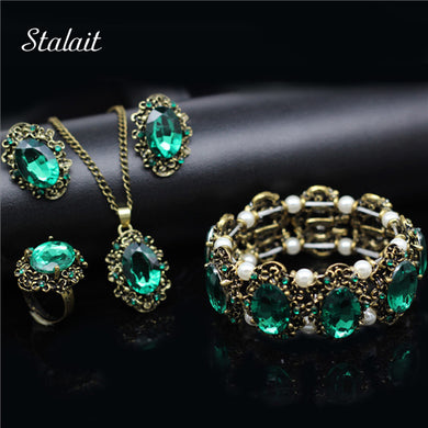 Fashion Wedding Bridal Jewelry Sets Green Crystal Antique Bronze Color Jewelry Set Necklace Earrings Bracelet Rings Mothers Day