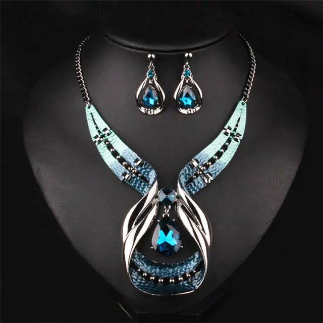 Fashion Bridal Jewelry Sets Antique Silver Color Crystal Water Drop Snake Skin Dripping Statement Necklace Earrings Jewelry