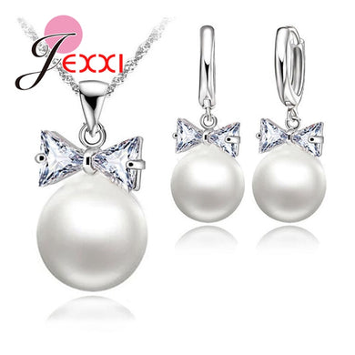 JEXXI 925 Sterling Silver Pearl Hoop Earrings Necklace Bowknot Crystals Jewelry Set For Women Girls Wedding Party Nice Gifts S