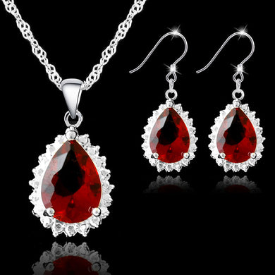 JEXXI Classic Water Drop Red Crytsal Pendant Necklace Earrings Set For Wedding Women 925 Sterling Silver Bridal Jewelry Sets