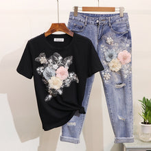 ALPHALMODA 3D Flower Applique Fashion Tshirt Slim Denim Pants
