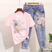 ALPHALMODA 3D Flower Applique Fashion Tshirt Slim Denim Pants